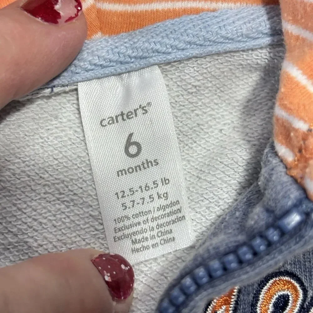 Carter's Infant Baby Boys Blue Orange Full Zip up Team Hoodie Size 6M Sweatshirt